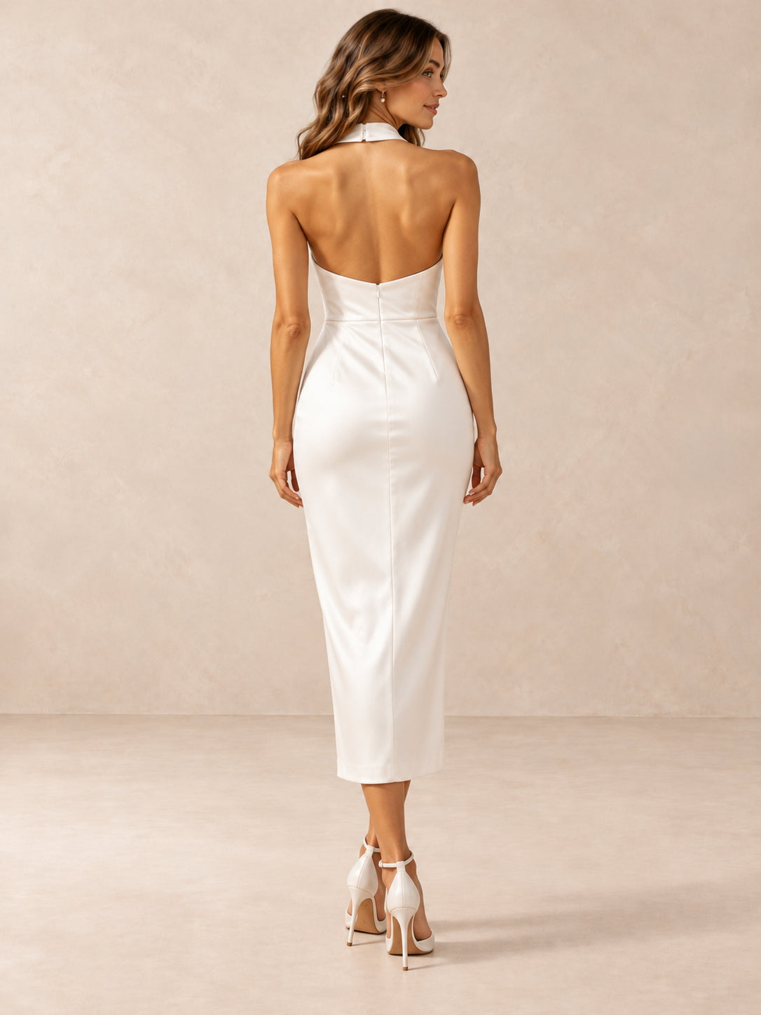 White Draped Halter Neck Sheath Midi Wedding Dress with Front Slit