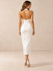 White Draped Halter Neck Sheath Midi Wedding Dress with Front Slit