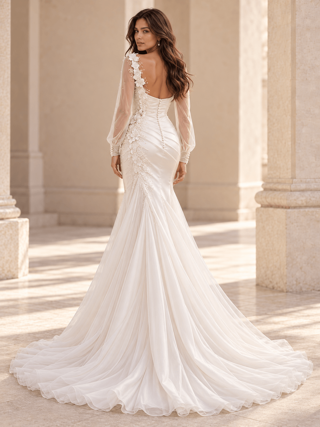 White Draped Satin Fit-and-Flare Wedding Dress with Sheer Long Sleeves
