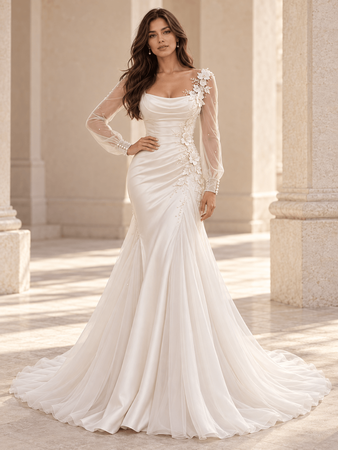 White Draped Satin Fit-and-Flare Wedding Dress with Sheer Long Sleeves