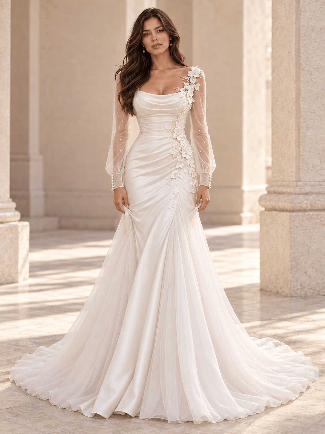 White Draped Satin Fit-and-Flare Wedding Dress with Sheer Long Sleeves