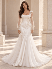 White Draped Satin Fit-and-Flare Wedding Dress with Sheer Long Sleeves