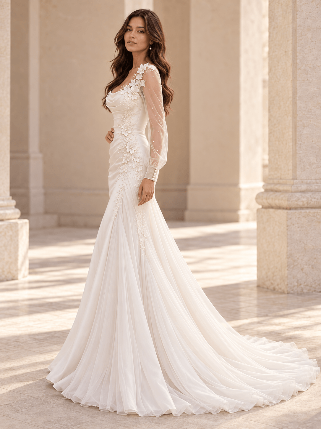 White Draped Satin Fit-and-Flare Wedding Dress with Sheer Long Sleeves