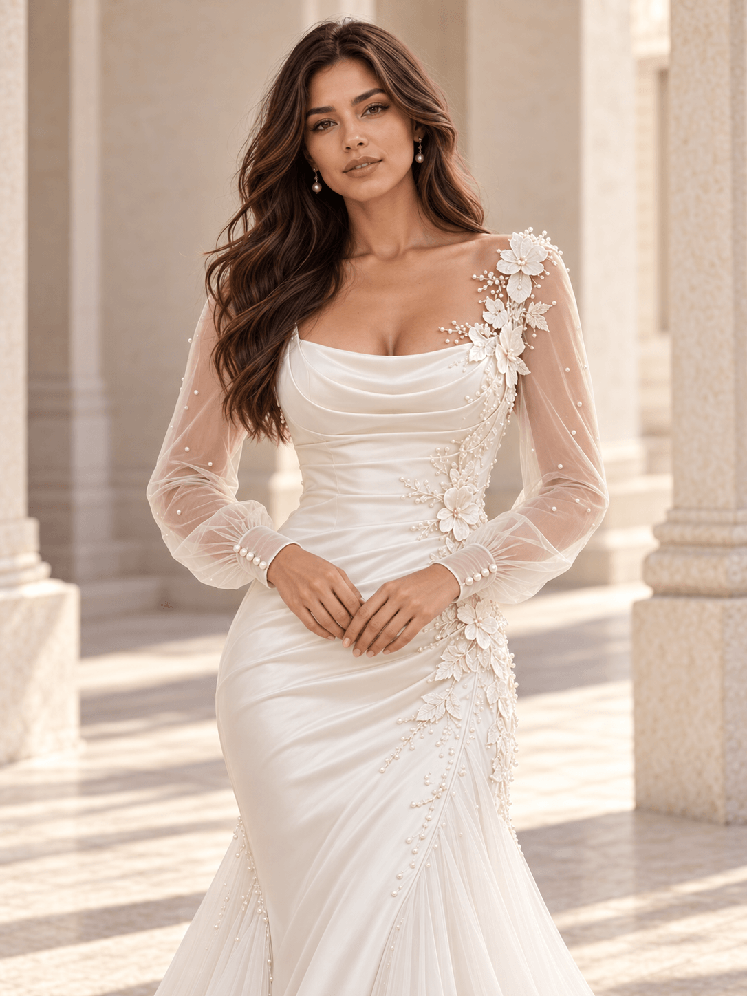 White Draped Satin Fit-and-Flare Wedding Dress with Sheer Long Sleeves