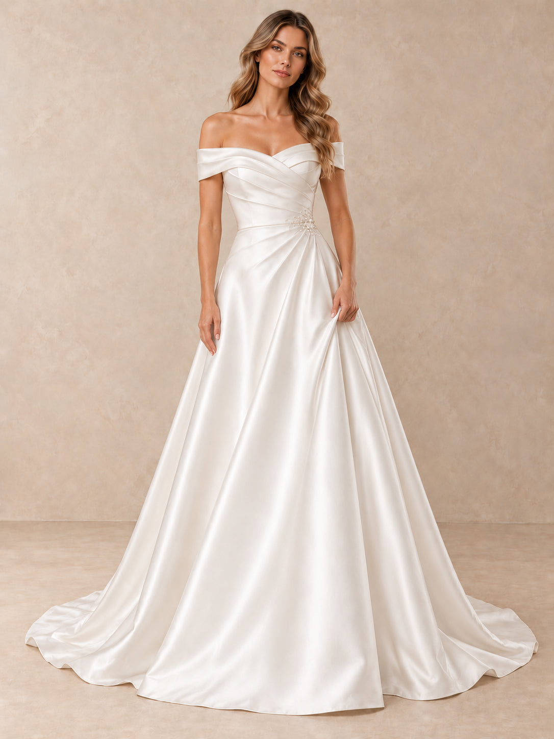 White Draped Satin Off-the-Shoulder A-Line Wedding Dress