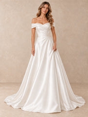 White Draped Satin Off-the-Shoulder A-Line Wedding Dress