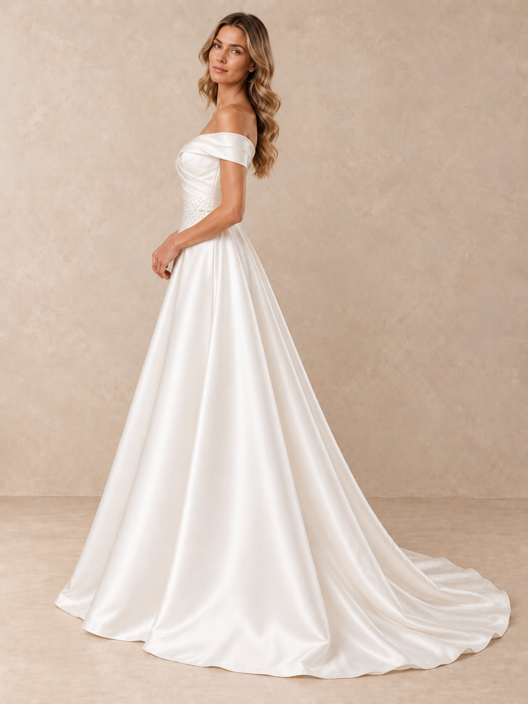 White Draped Satin Off-the-Shoulder A-Line Wedding Dress