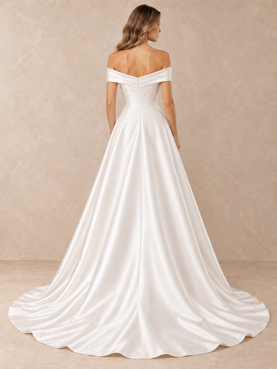 White Draped Satin Off-the-Shoulder A-Line Wedding Dress