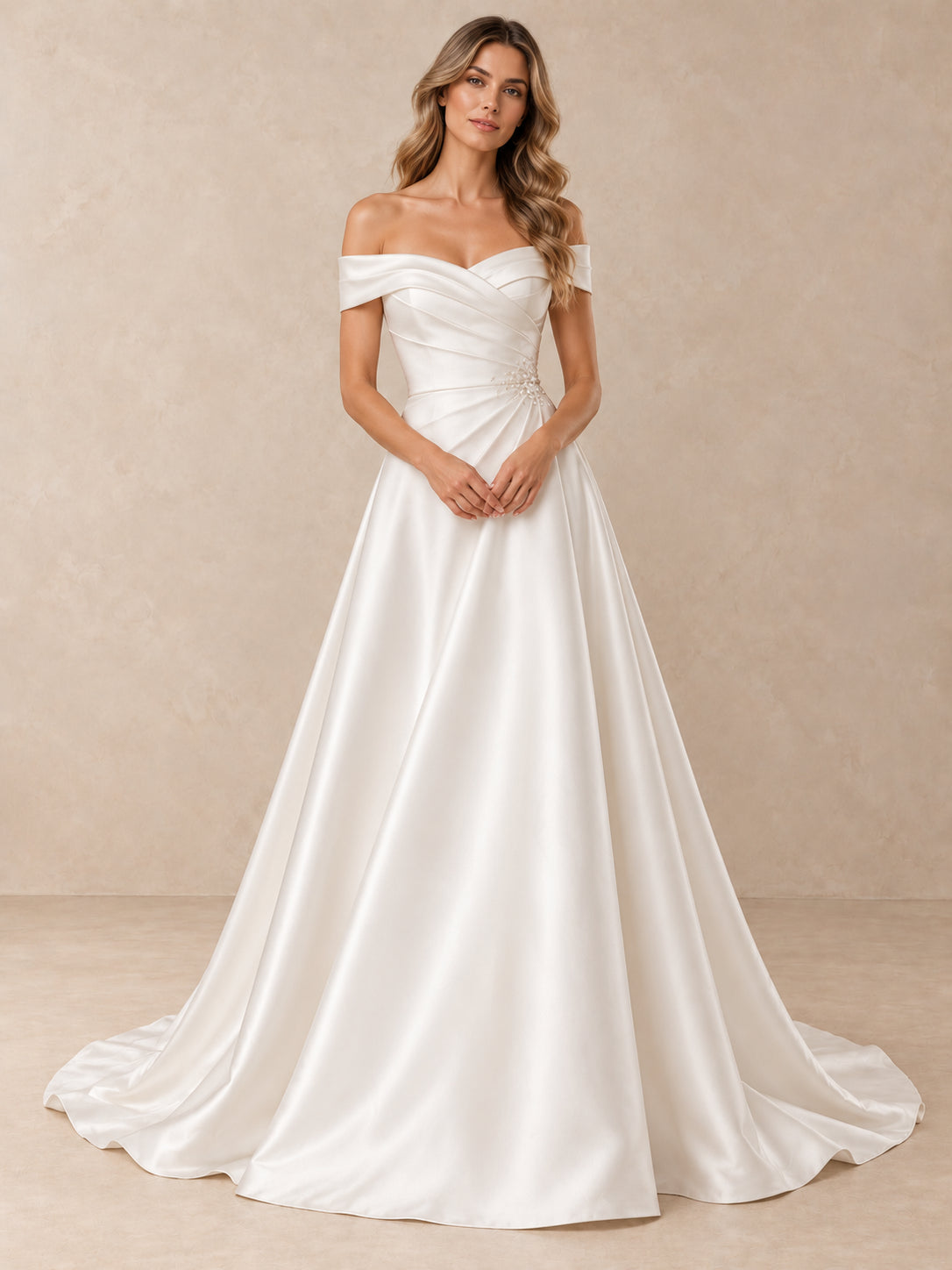White Draped Satin Off-the-Shoulder A-Line Wedding Dress
