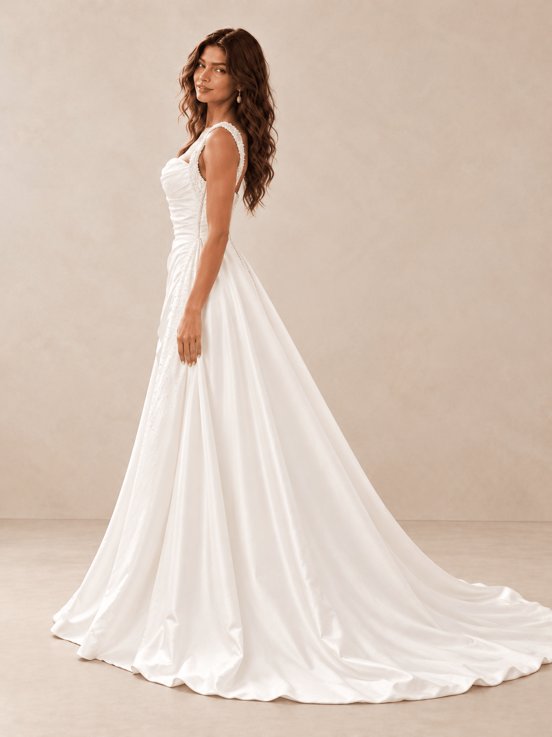 White Draped Satin Wedding Dress with Pearl-Beaded Straps