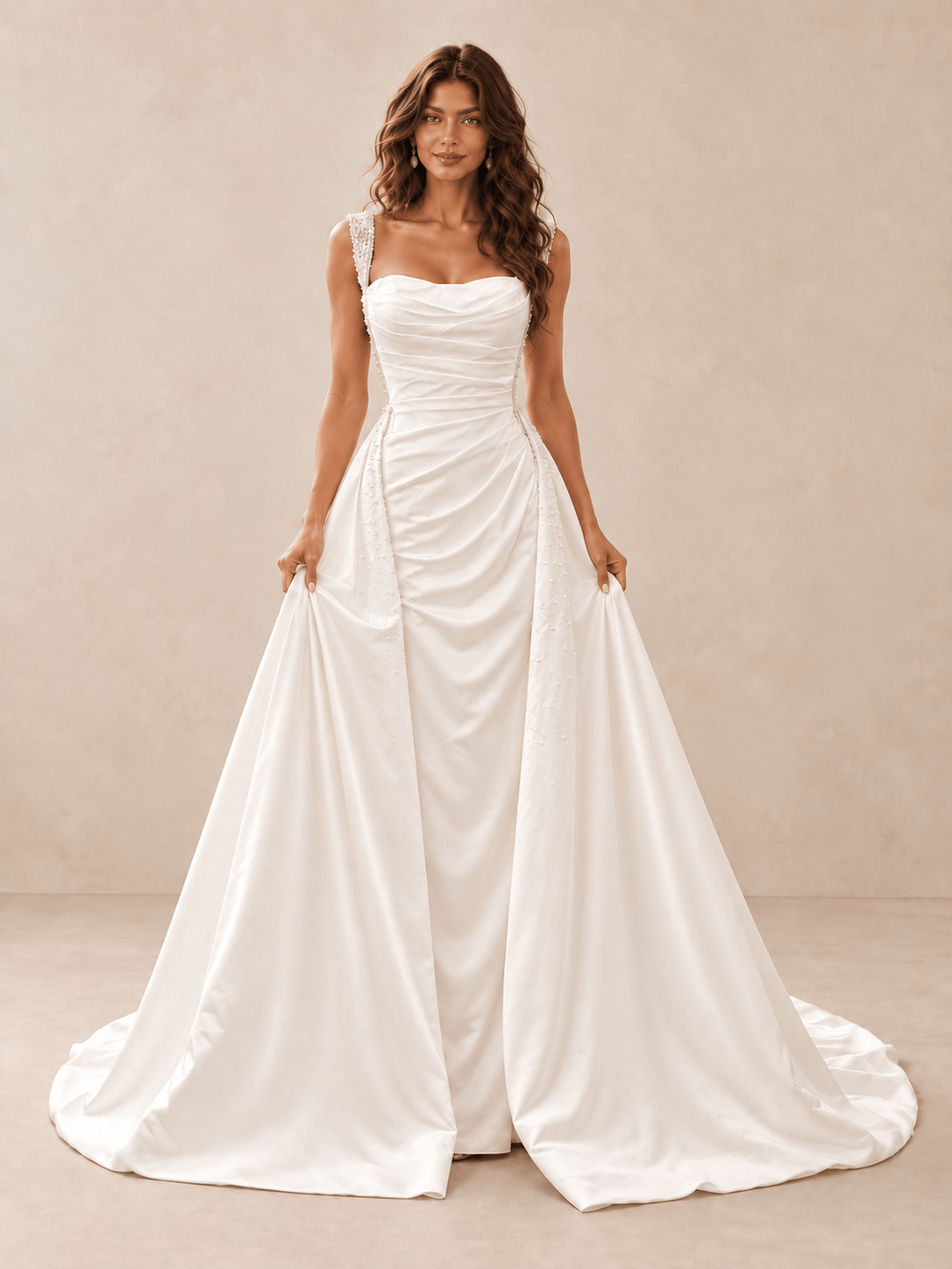 White Draped Satin Wedding Dress with Pearl-Beaded Straps