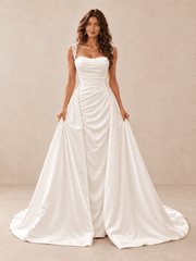 White Draped Satin Wedding Dress with Pearl-Beaded Straps