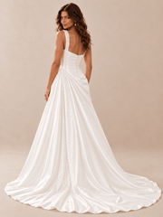 White Draped Satin Wedding Dress with Pearl-Beaded Straps