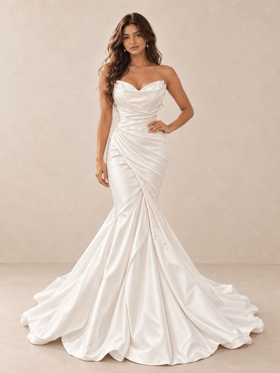 White Draped Sweetheart Satin Mermaid Wedding Dress with Pearl Details