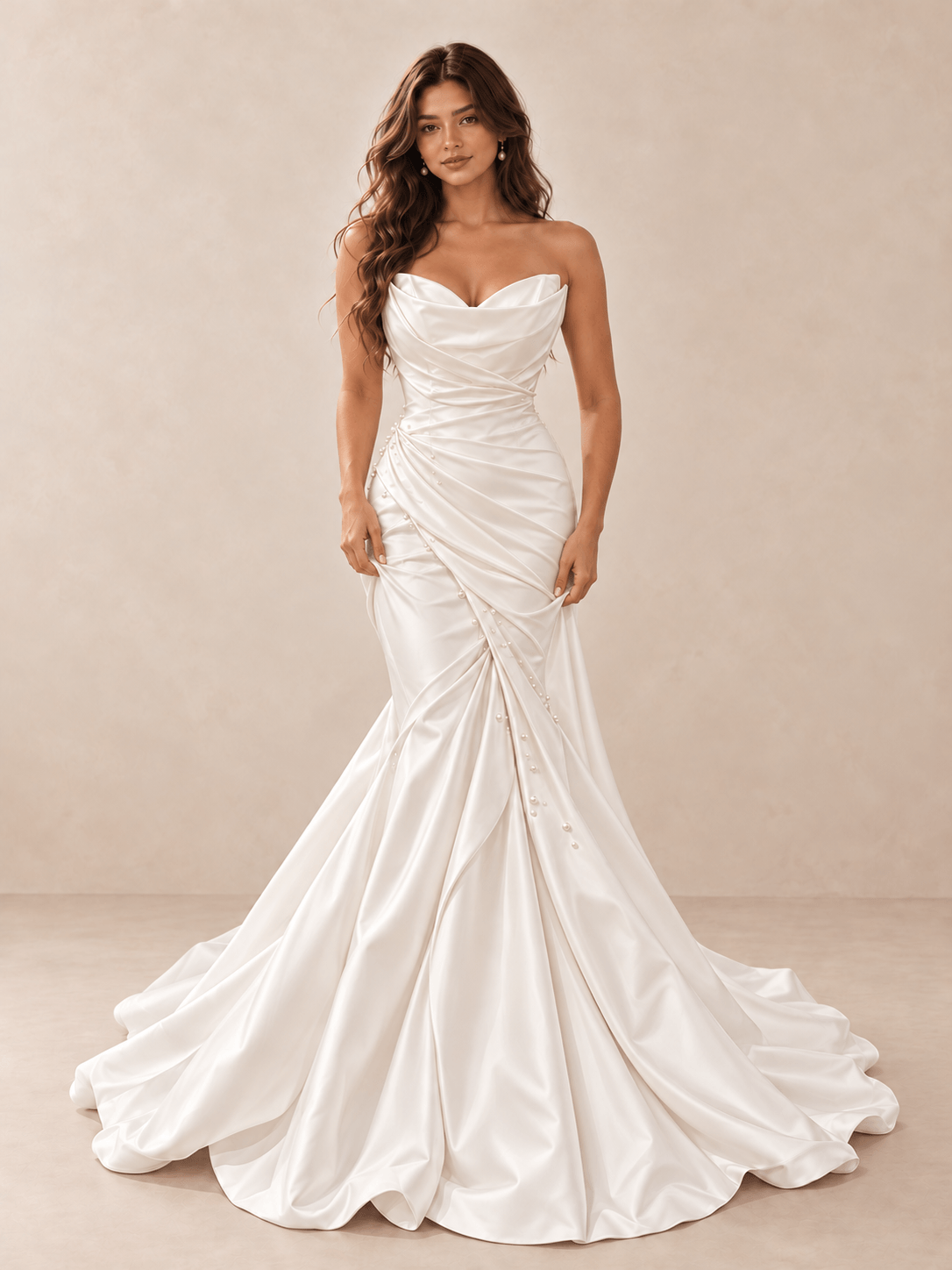 White Draped Sweetheart Satin Mermaid Wedding Dress with Pearl Details