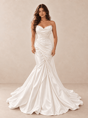 White Draped Sweetheart Satin Mermaid Wedding Dress with Pearl Details