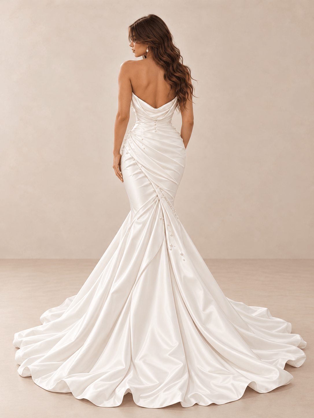 White Draped Sweetheart Satin Mermaid Wedding Dress with Pearl Details