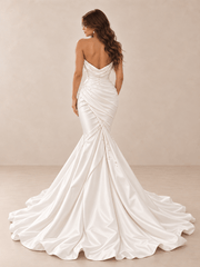 White Draped Sweetheart Satin Mermaid Wedding Dress with Pearl Details