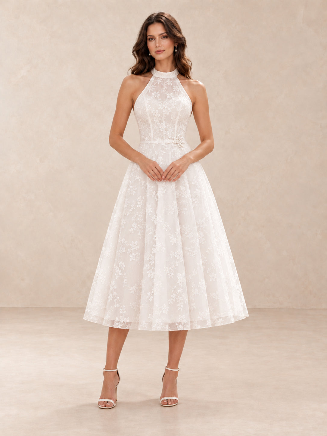 White Floral Lace Halter Tea-Length Wedding Dress with Open Back
