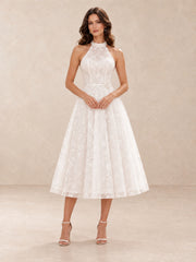 White Floral Lace Halter Tea-Length Wedding Dress with Open Back