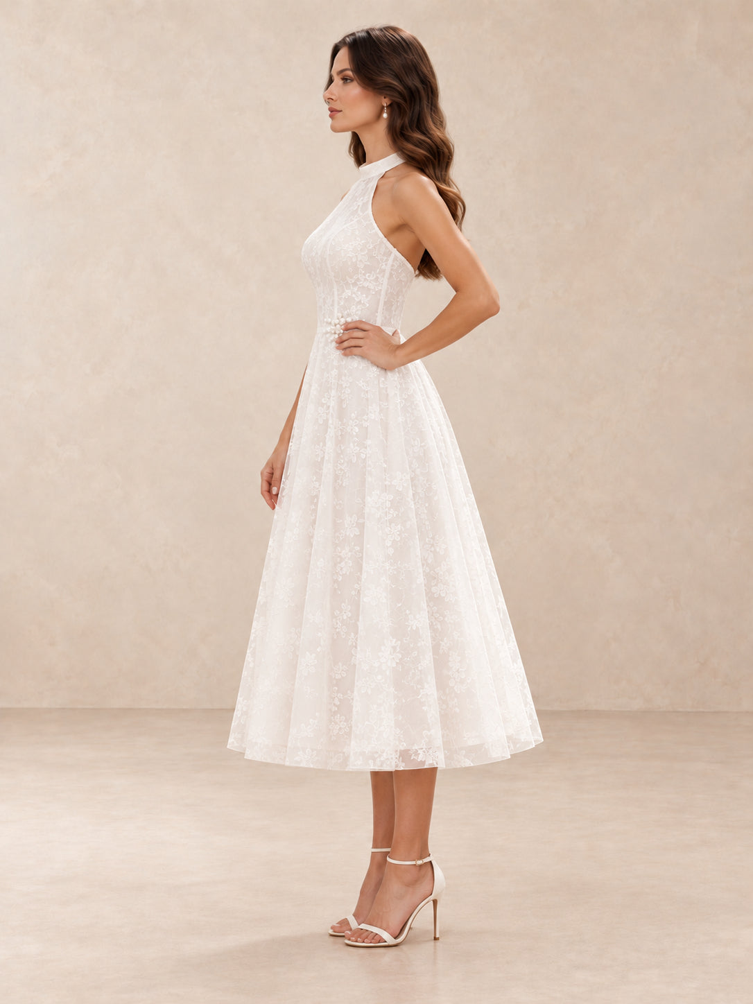 White Floral Lace Halter Tea-Length Wedding Dress with Open Back