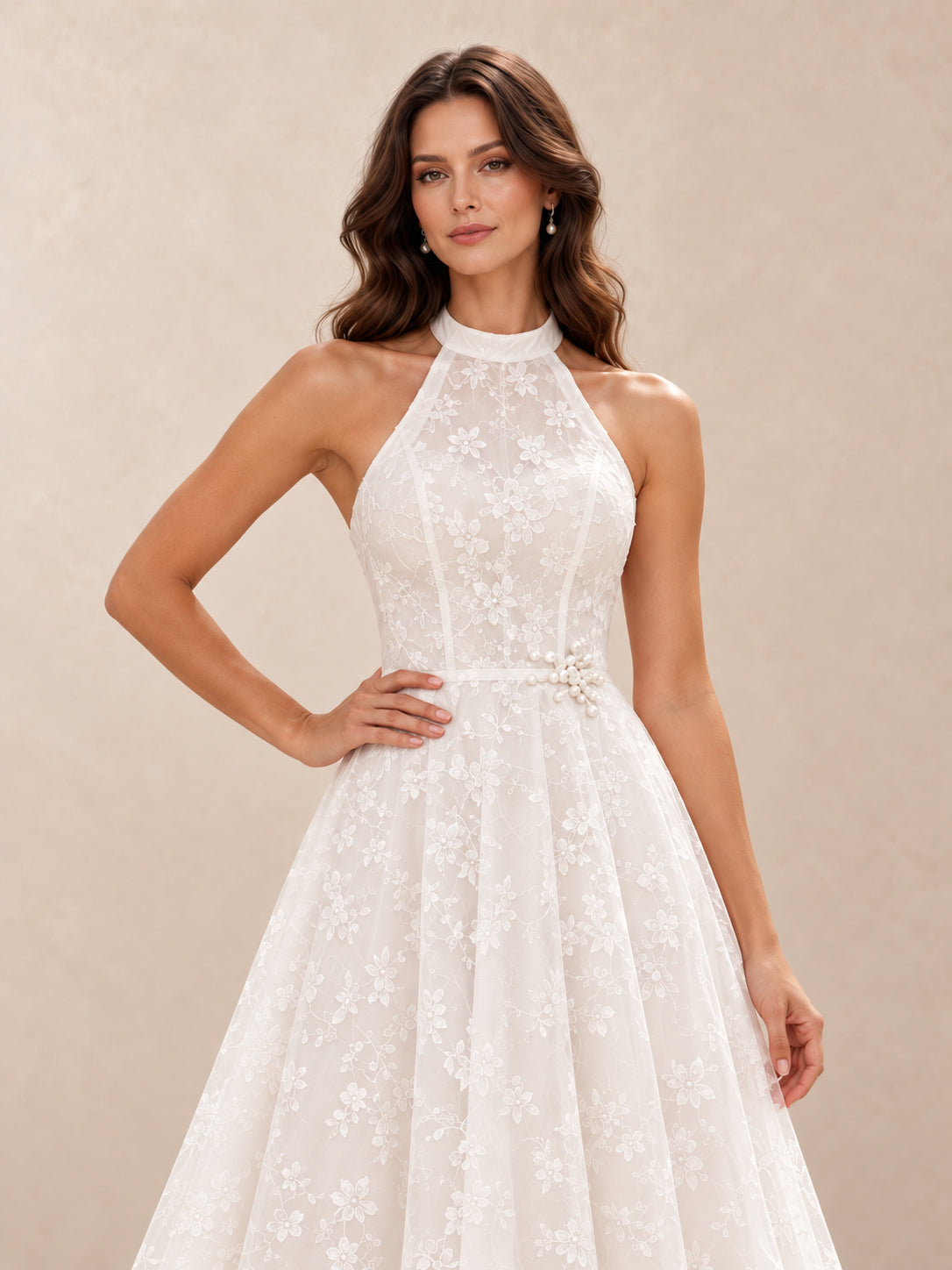 White Floral Lace Halter Tea-Length Wedding Dress with Open Back