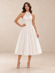 White Floral Lace Halter Tea-Length Wedding Dress with Open Back