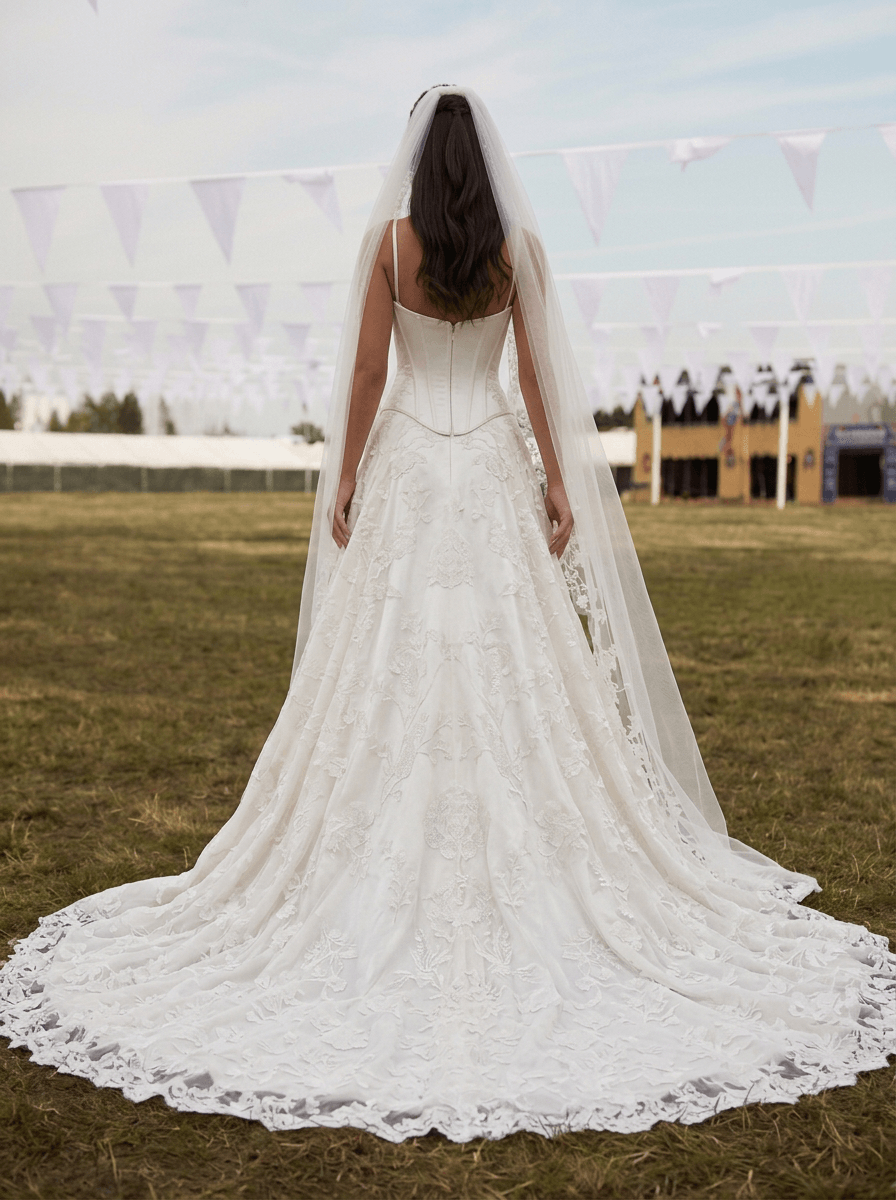 White Floral Lace Satin Corset Wedding Dress with Sheer Overlay Skirt
