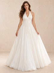 White Halter Neck Pleated A-Line Wedding Dress with Floor-Length Skirt