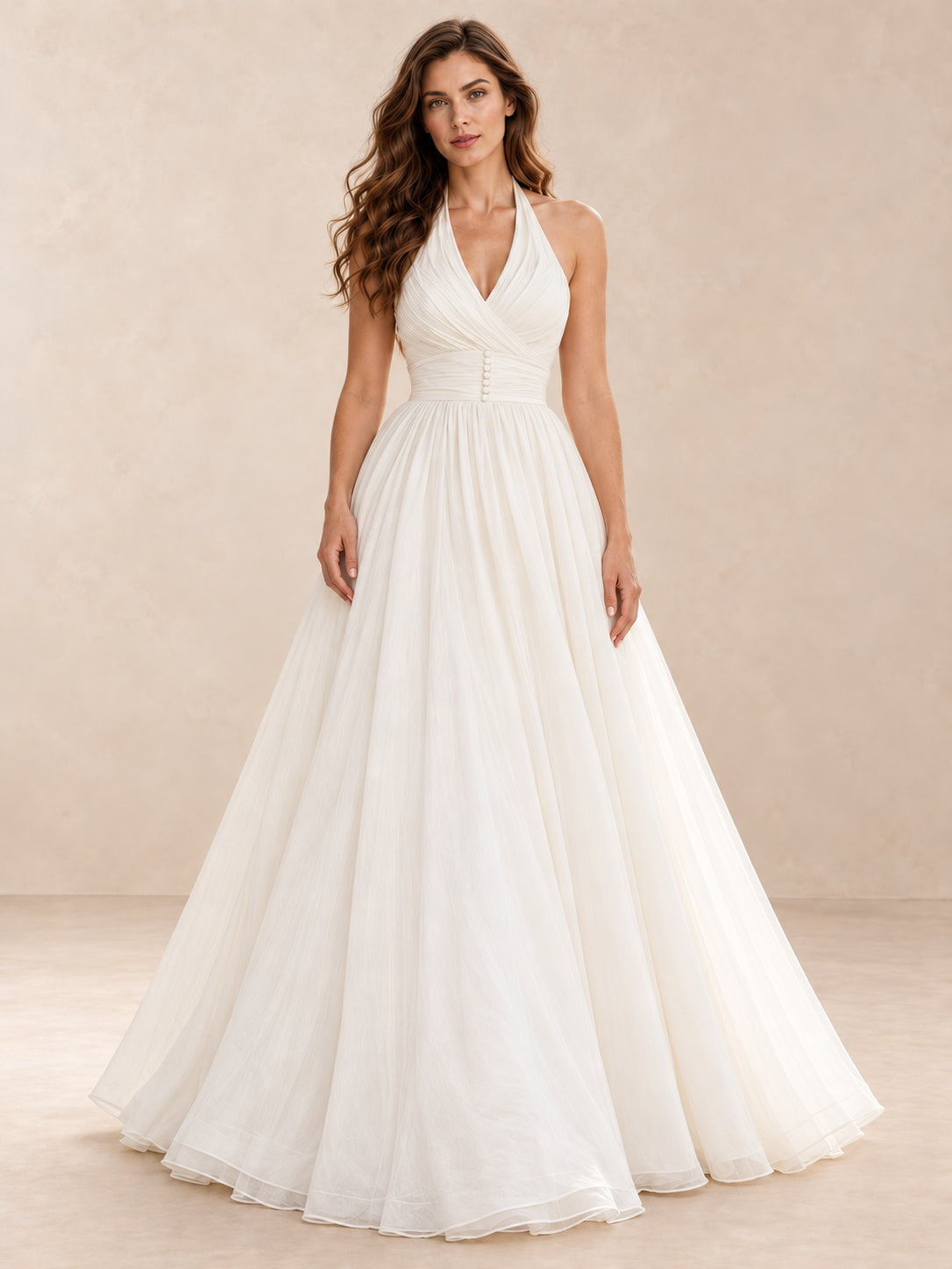 White Halter Neck Pleated A-Line Wedding Dress with Floor-Length Skirt