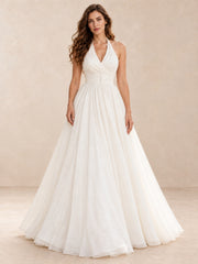 White Halter Neck Pleated A-Line Wedding Dress with Floor-Length Skirt