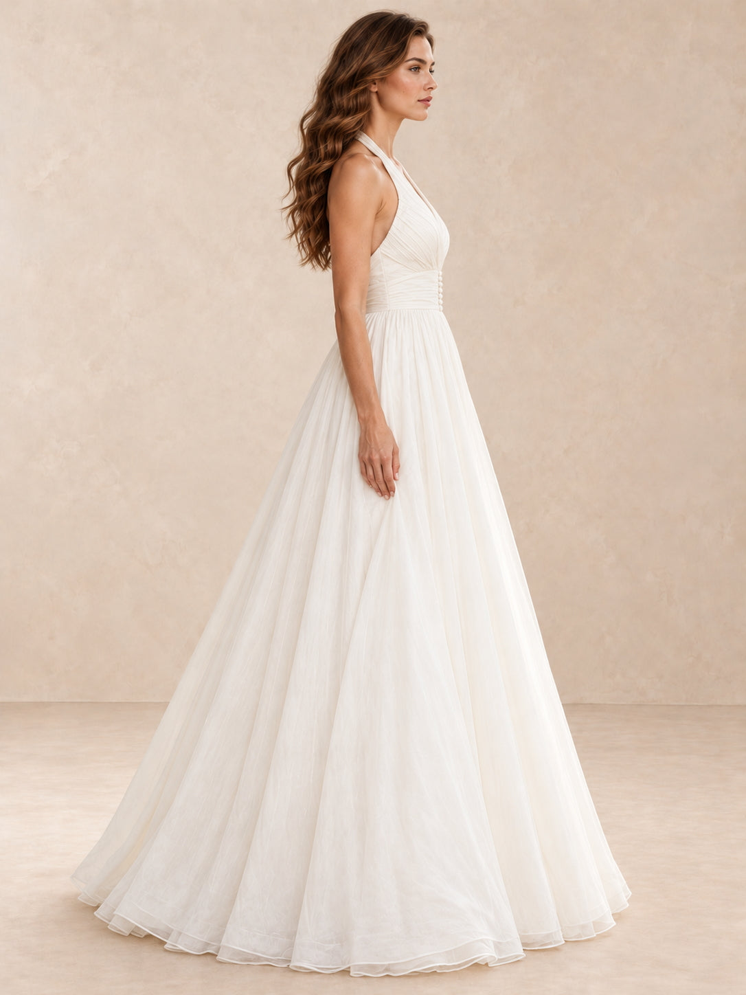 White Halter Neck Pleated A-Line Wedding Dress with Floor-Length Skirt