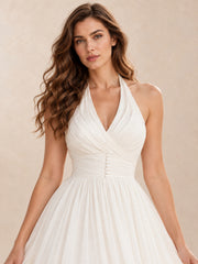 White Halter Neck Pleated A-Line Wedding Dress with Floor-Length Skirt