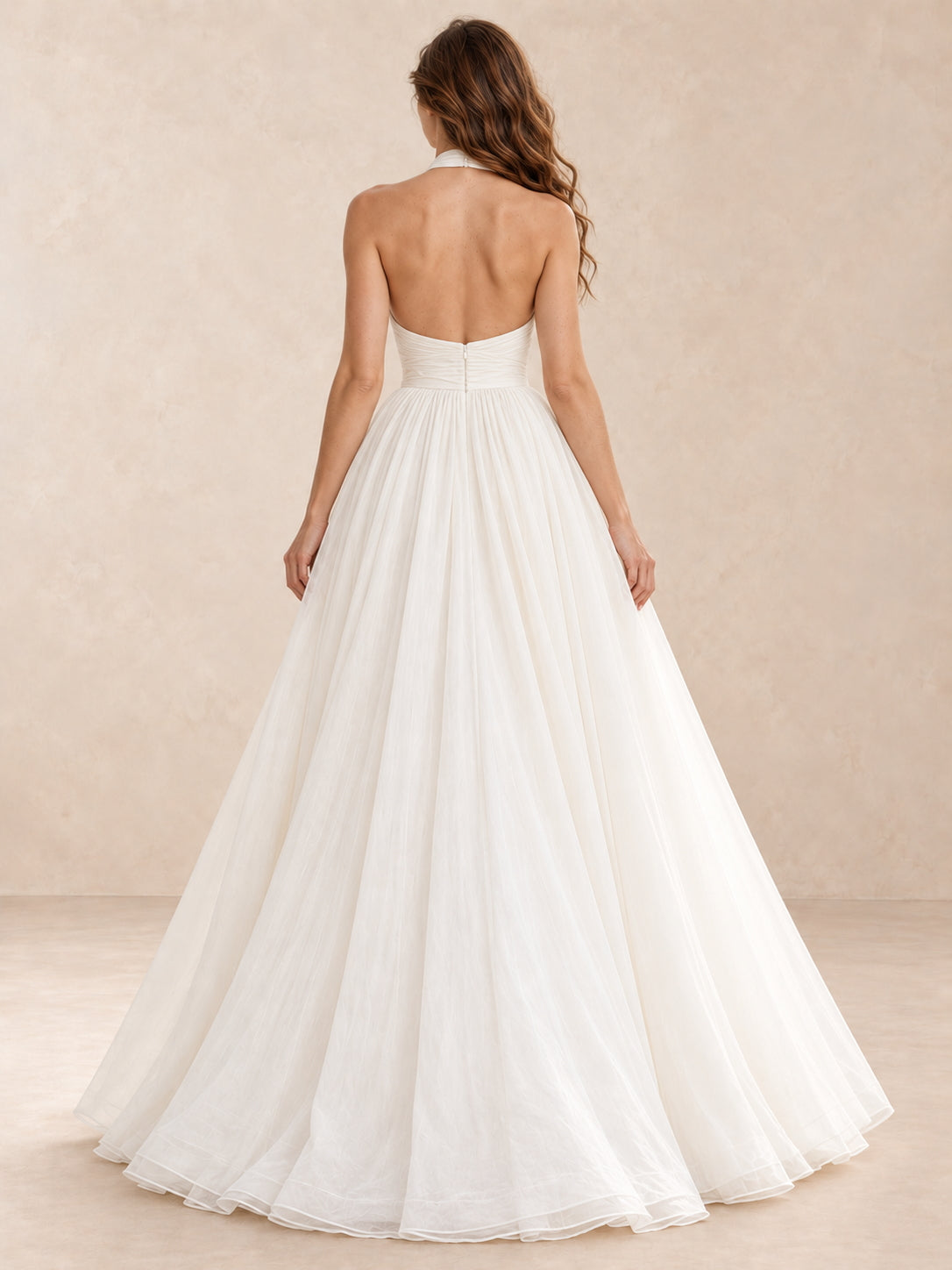 White Halter Neck Pleated A-Line Wedding Dress with Floor-Length Skirt
