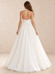 White Halter Neck Pleated A-Line Wedding Dress with Floor-Length Skirt