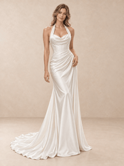 White Halter Neck Satin Mermaid Wedding Dress with Asymmetric Draping