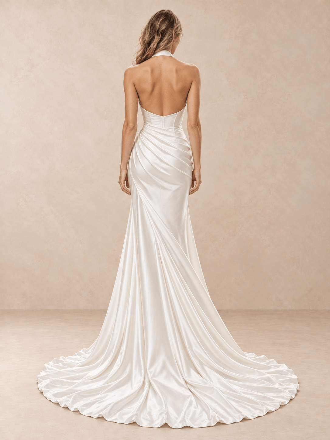 White Halter Neck Satin Mermaid Wedding Dress with Asymmetric Draping