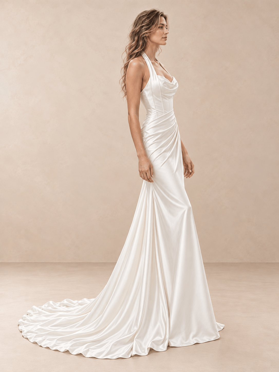 White Halter Neck Satin Mermaid Wedding Dress with Asymmetric Draping
