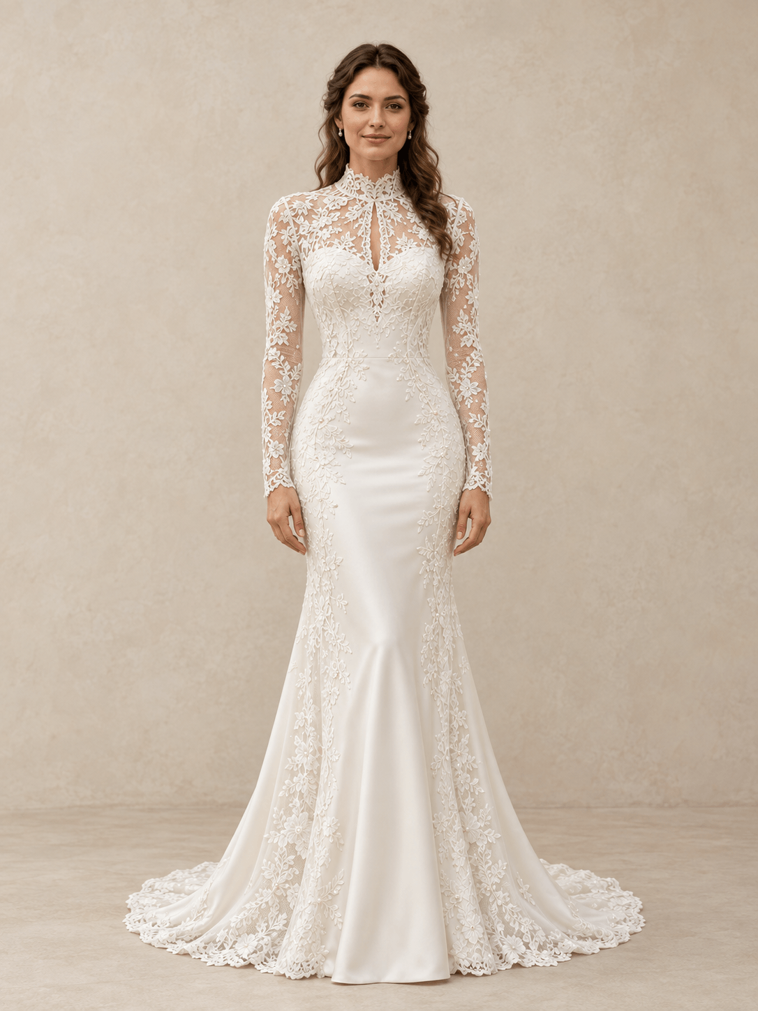 White High Neck Lace Appliqué Satin Mermaid Wedding Dress With Long Sleeves