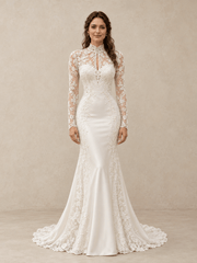White High Neck Lace Appliqué Satin Mermaid Wedding Dress With Long Sleeves