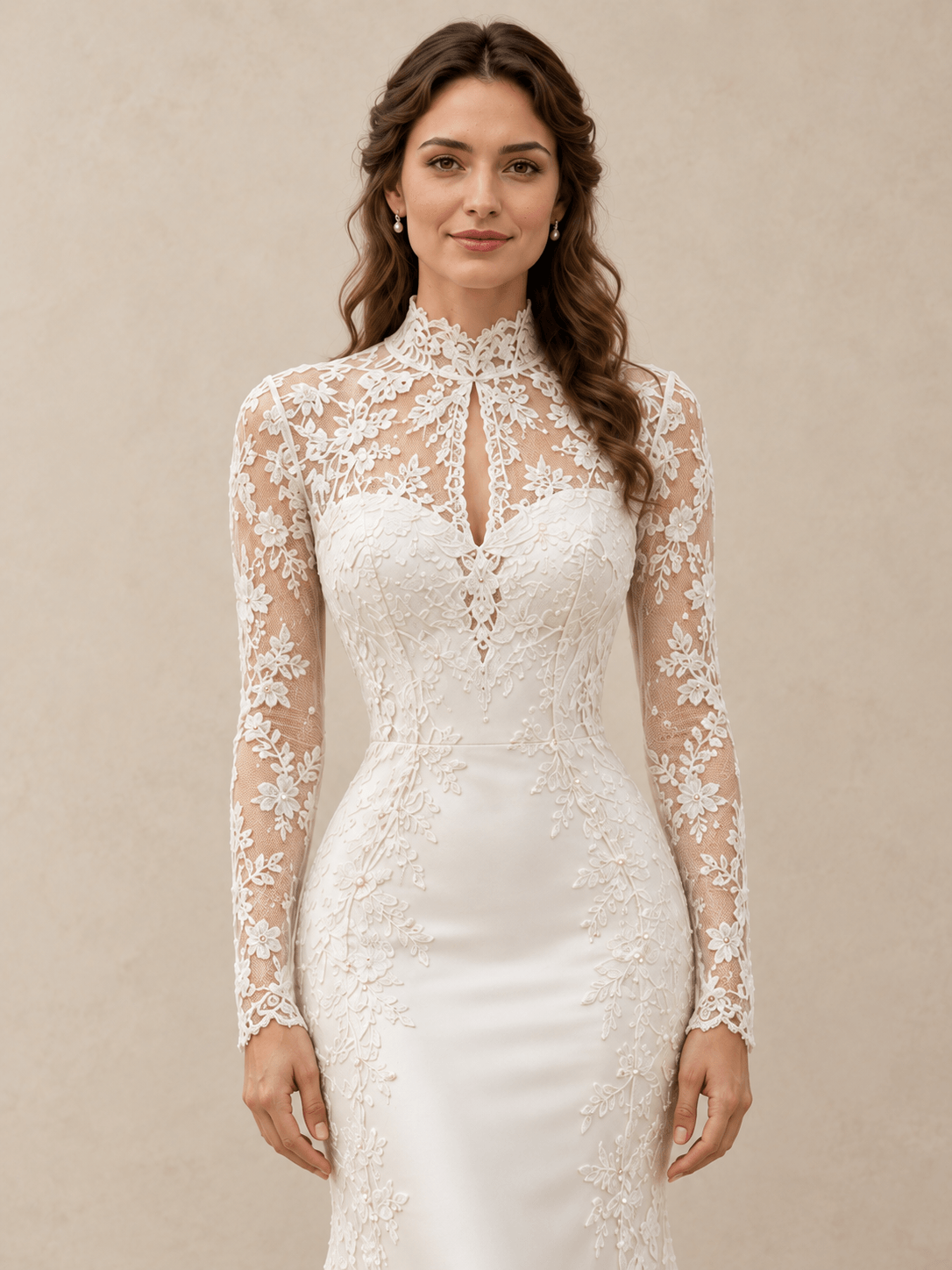 White High Neck Lace Appliqué Satin Mermaid Wedding Dress With Long Sleeves