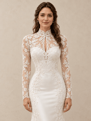 White High Neck Lace Appliqué Satin Mermaid Wedding Dress With Long Sleeves