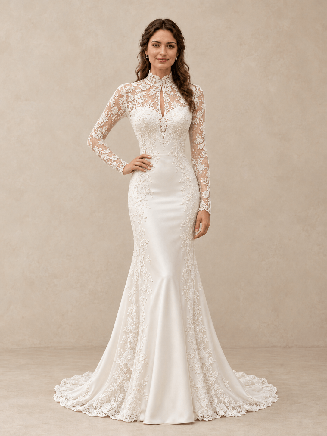 White High Neck Lace Appliqué Satin Mermaid Wedding Dress With Long Sleeves