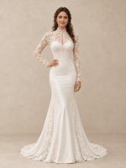 White High Neck Lace Appliqué Satin Mermaid Wedding Dress With Long Sleeves