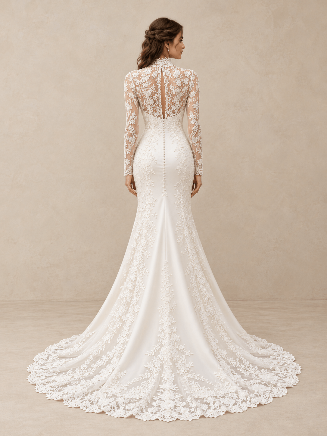 White High Neck Lace Appliqué Satin Mermaid Wedding Dress With Long Sleeves