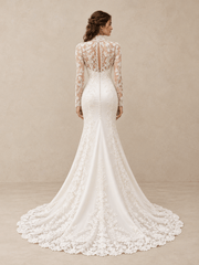 White High Neck Lace Appliqué Satin Mermaid Wedding Dress With Long Sleeves