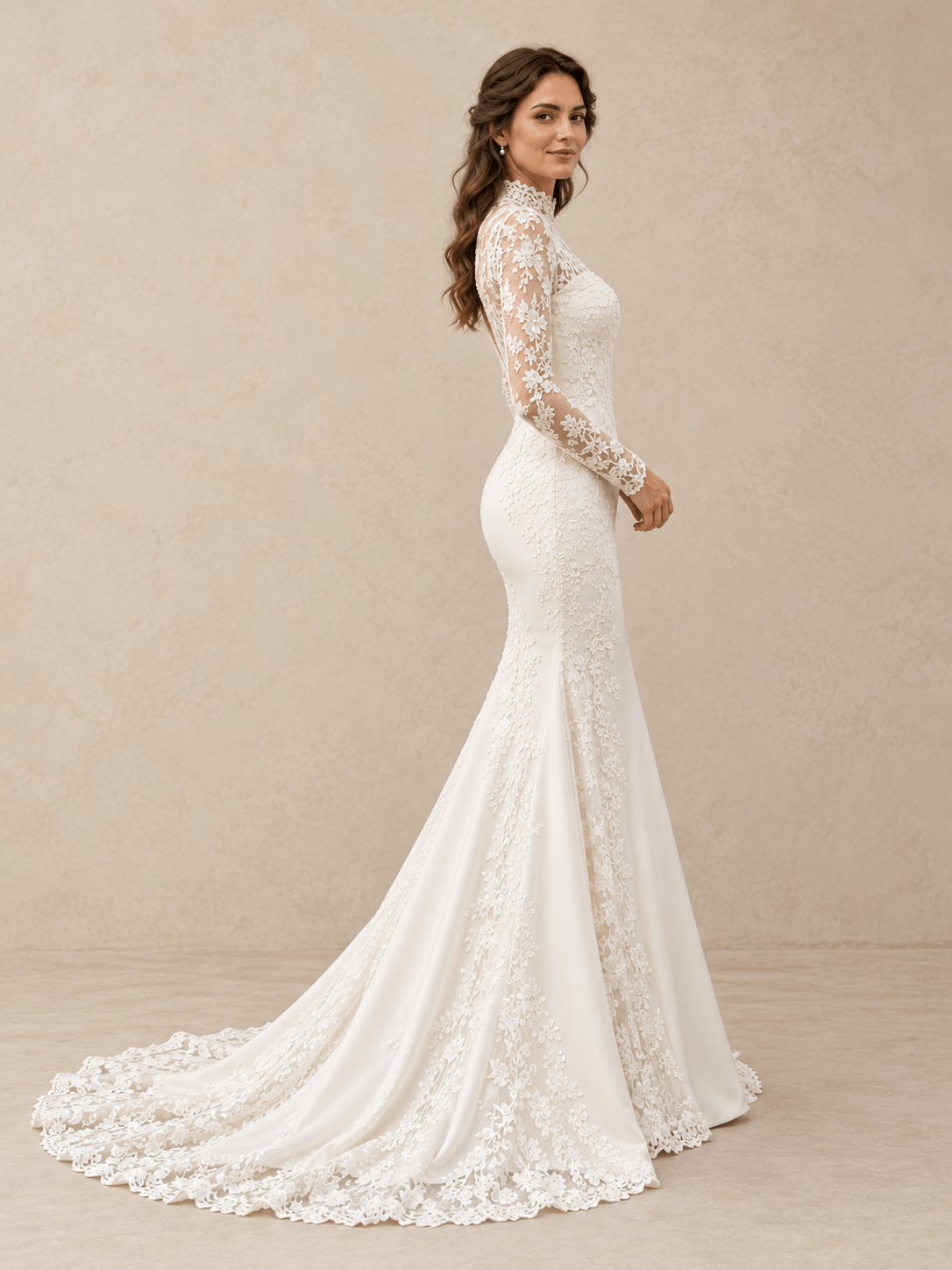 White High Neck Lace Appliqué Satin Mermaid Wedding Dress With Long Sleeves