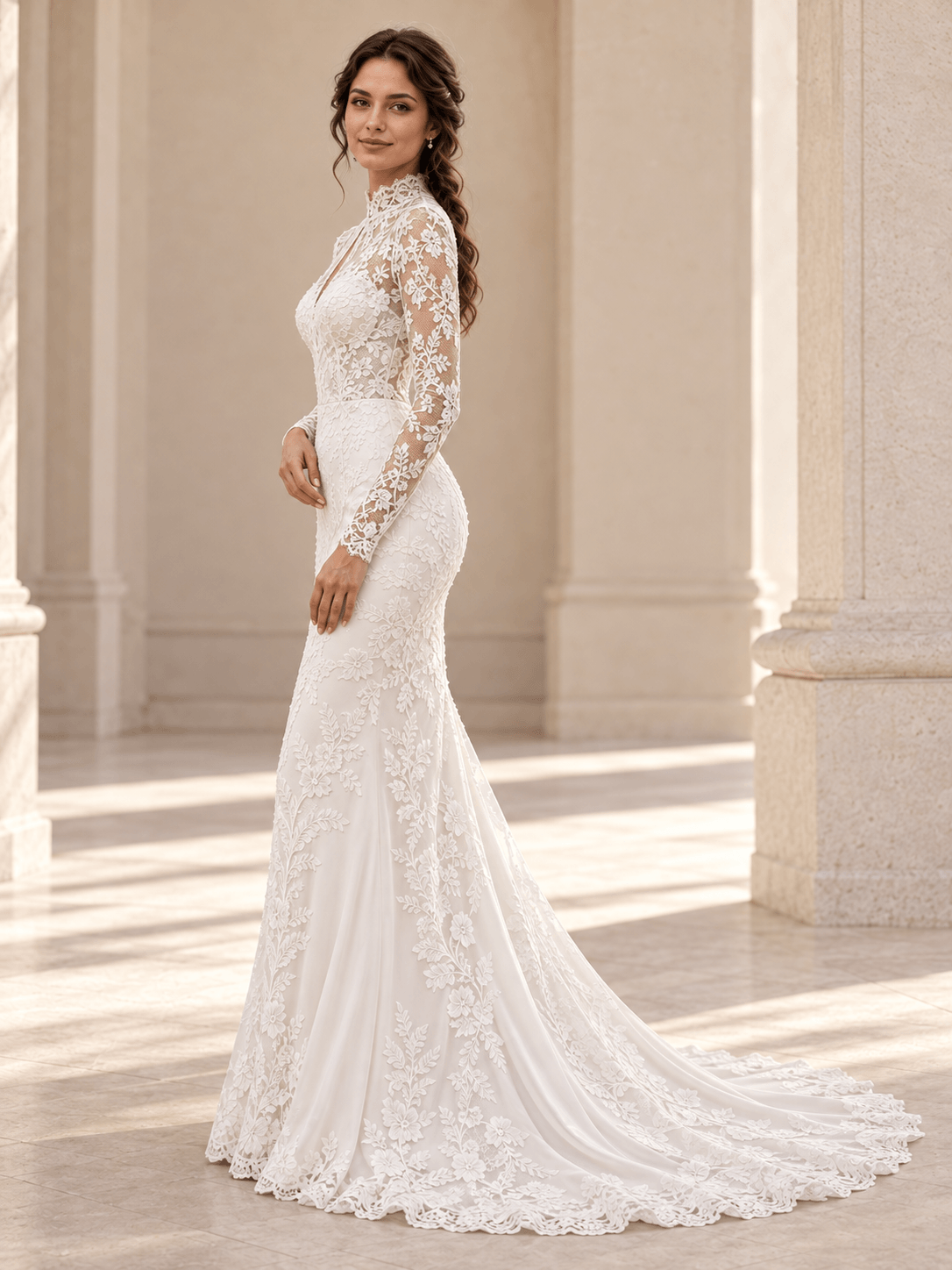 White High Neck Long Sleeves Lace Mermaid Wedding Dress