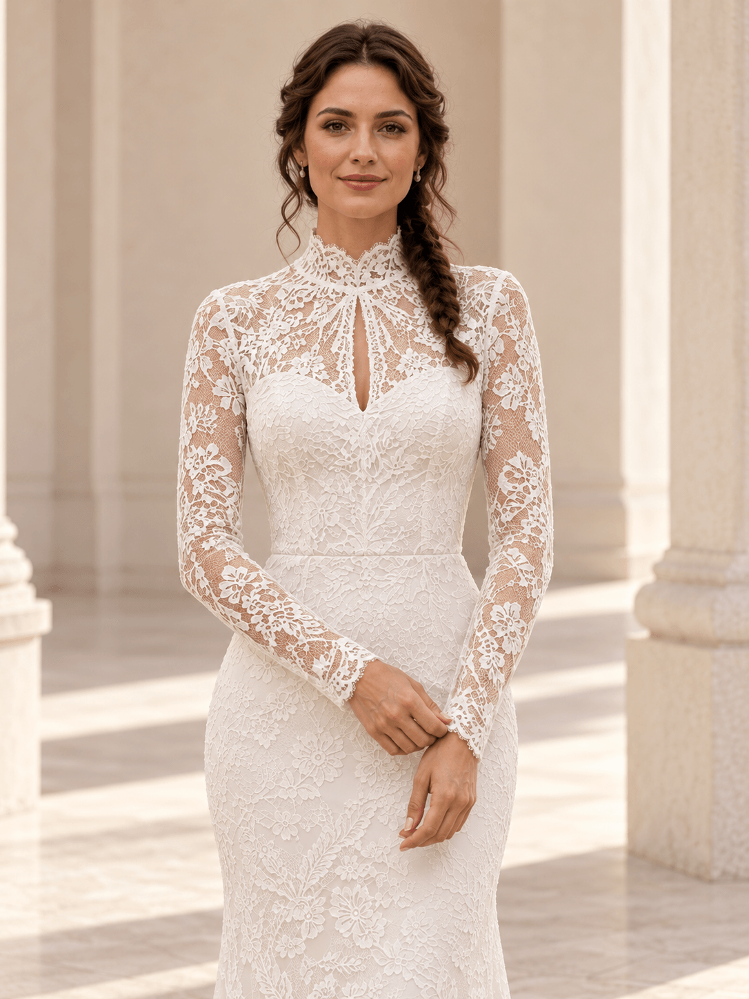 White High Neck Long Sleeves Lace Mermaid Wedding Dress