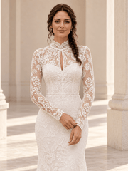White High Neck Long Sleeves Lace Mermaid Wedding Dress
